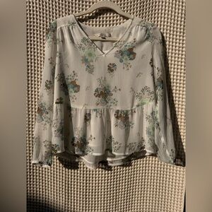 LOFT Floral V-Neck Blouse in Cream and Blue